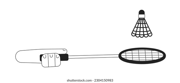 Hitting shuttlecock with badminton racquet monochromatic flat vector first view hand. Badminton sports. Editable thin line closeup pov on white. Simple bw cartoon spot image for web graphic design