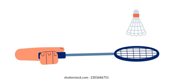 Hitting shuttlecock with badminton racquet semi flat colorful vector first view hand. Badminton sports equipment. Editable closeup pov on white. Simple cartoon spot illustration for web graphic design