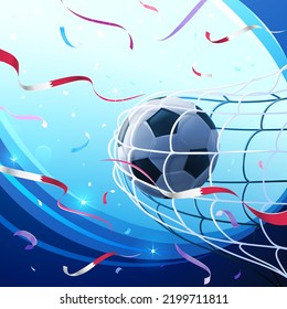 Hitting a soccer ball in a net on a blue background with confetti. Vector illustration