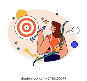 Hitting target audience by starting new business. Vector flat cartoon character with arrows and bow, startup or beginning of organizational. Growth and development of strategy