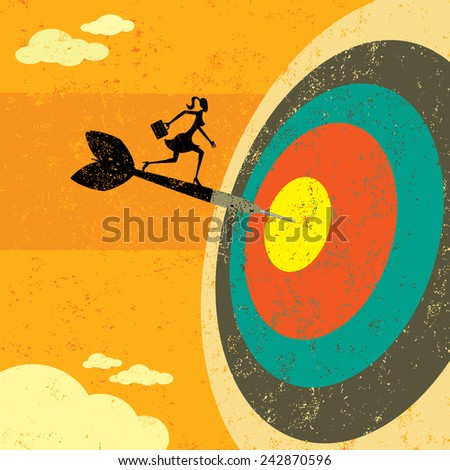Hitting the Target Businesswoman on a dart hitting the bull's eye. The woman, dart & target are on a separate labeled layer from the background. 