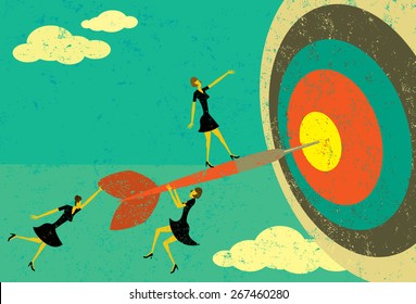 Hitting the Target, 
Businesswomen on a dart hitting the bull's eye. The women, dart & target are on a separate labeled layer from the background.