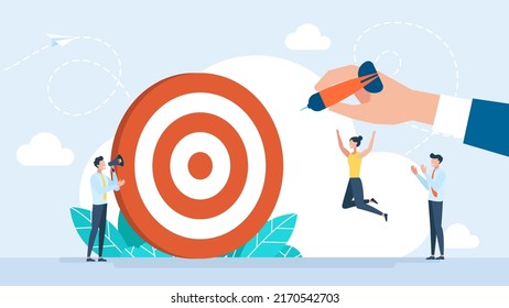 Hitting The Target Darts. Arrow To Goal. Successful Professional Team Hitting Target. Metaphor Winning, Challenge, Aim, Achievement, Teamwork, Business, Marketing Concept. Vector Flat Illustration 