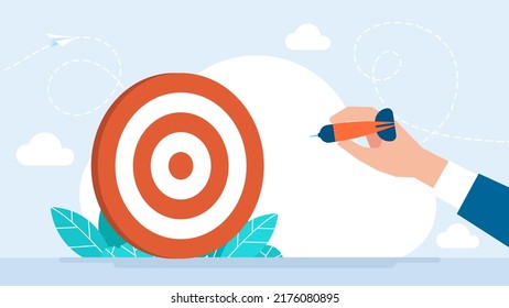 Hitting the target darts. Arrow to goal. Successful professional hitting target. Metaphor winning, challenge, aim, achievement, teamwork, business, marketing concept. Flat design. Vector illustration 