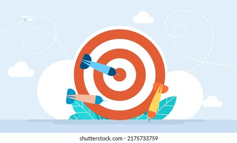 Hitting the target darts. One of dart arrow hit the center of the dartboard. Target landing page. Success on company mission and goal. Metaphor winning, challenge, aim. Vector flat illustration