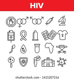 HIV And AIDS Awareness Vector Linear Icons Set. HIV Symptoms Diagnostics Outline Symbols Pack. Human Immunodeficiency Virus Research, Treatment And Transmission Isolated Contour Illustrations