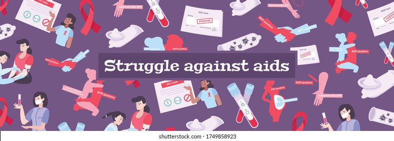 Hiv aids banner with composition of text and flat isolated images with medical appliances and people vector illustration