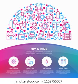 HIV and AIDs concept in half circle with thin line icons: safe sex, blood transfusion, syringe, AIDs ribbon, blood test, microscope, genetic engeering. Modern vector illustration, print media template