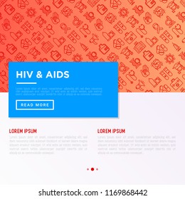 HIV and AIDs concept with thin line icons: safe sex, blood transfusion, antiviral drugs, physical examination, AIDs ribbon, blood test, genetic engeering. Vector illustration, print media template.