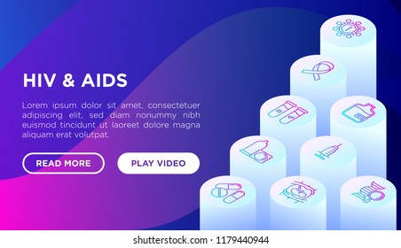 HIV and AIDs concept with thin line isometric icons: safe sex, blood transfusion, syringe, antiviral drugs, AIDs ribbon, blood test. Vector illustration, web page template on gradient background