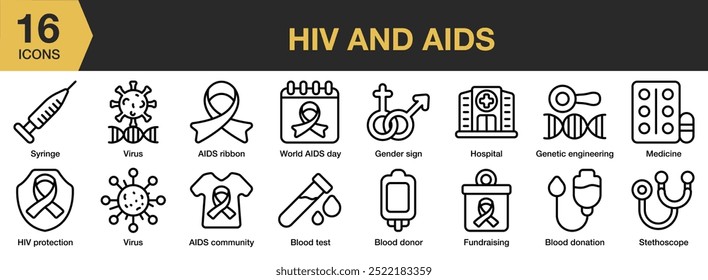 Conjunto de ícones de HIV e AIDS. Inclui captação de recursos, gênero, genética, proteção contra o hiv, medicina e muito mais. Contornar coleção de vetores de ícones.