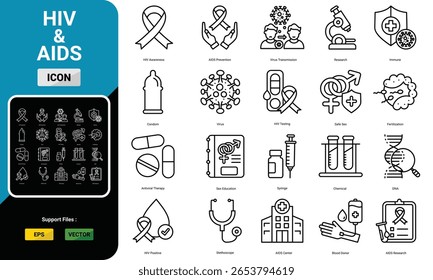 Conjunto de iconos del VIH y el SIDA Vector. Símbolos de atención médica y conciencia de estilo de línea que incluyen virus, condón, jeringuillas, donación de sangre, sexo seguro y Elementos de investigación médica. Trazo editable, aislado en blanco 