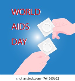 HIV / AIDS Info. Two man hands with condom. Physiology, homosexual, health. Vector illustration. Health care poster or banner template.
