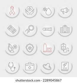 Conjunto de iconos de línea de VIH y SIDA, colección de salud, bocetos vectoriales, botones UX de interfaz de usuario neumórficos, iconos de VIH, signos de medicina pictogramas lineales, ictus editable
