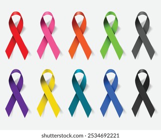 HIV Aids, mental health, breast cancer, heart attack, diabetes colorful medial awareness bows realistic vector collection. Sign, symbol, emblem, banner, poster illustration, awareness ribbons.