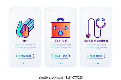 HIV And AIDs Thin Line Icons Set: Child Hand In Adult's Hand, Health Care, Physical Examination. Vector Illustration.