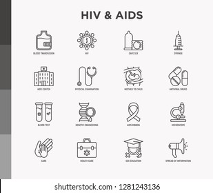 HIV and AIDs thin line icons set: safe sex, blood transfusion, syringe, antiviral drugs, physical examination, AIDs ribbon, blood test, microscope, genetic engineering. Modern vector illustration.