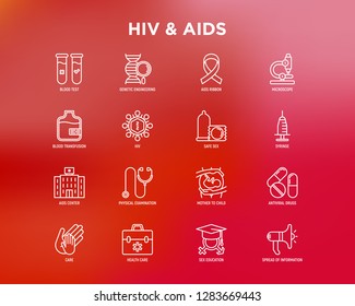HIV and AIDs thin line icons set: safe sex, blood transfusion, syringe, antiviral drugs, physical examination, AIDs ribbon, blood test, microscope, genetic engineering. Modern vector illustration.