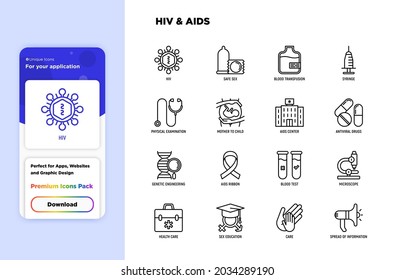 HIV and AIDs thin line icons set. Safe sex, blood transfusion, syringe, antiviral drugs, physical examination, AIDs ribbon, blood test, microscope, genetic engeering. Vector illustration.