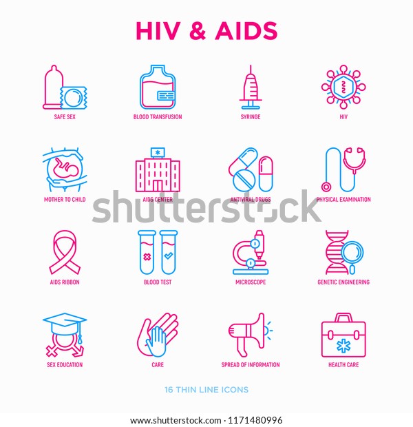HIV and AIDs thin line icons set: safe sex,\
blood transfusion, syringe, antiviral drugs, physical examination,\
AIDs ribbon, blood test, microscope, genetic engeering. Modern\
vector illustration.