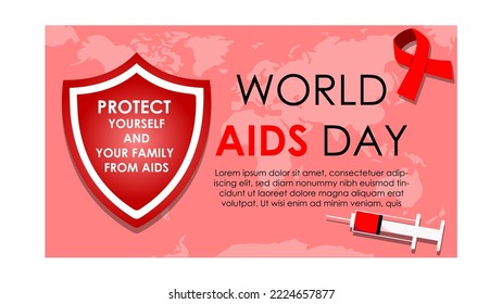 Ilustración vectorial del Vih-Sida, fondo del concepto del Día Mundial del Sida, diciembre de 2001, Inyección de la cinta roja, mapa mundial, espacio de copia, fondo del evento, saludo de advertencia, plantilla de campaña de sensibilización sobre el sida