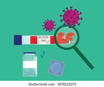 Cartel de prevención del VIH. llano. píldoras y preservativos, sangre con virus de inmunodeficiencia en un tubo de ensayo. Concienciación sobre el Día Mundial de la Lucha contra el SIDA.