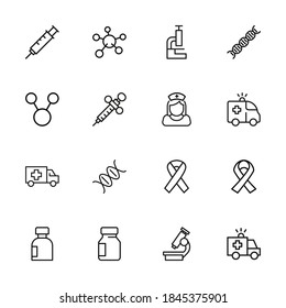 HIV related vector icons. Set of 20 vector thin line signs. Exclusive simple pictograms for web and mobile. Vector illustration isolated on a white background. Outline icons.