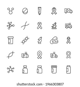 HIV-bezogene Vektorsymbole. Satz von 20 Vektor dünnen Linien Zeichen. Exklusive einfache Piktogramme für Web und Mobile. Vektorgrafik einzeln auf weißem Hintergrund. Umrisssymbole.