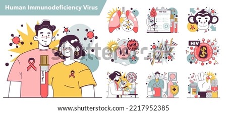 HIV set. AiDs, immunodeficiency virus structure, spread, laboratory diagnostic and treatment. Dangerous disease transmission awarenss. Flat vector illustration