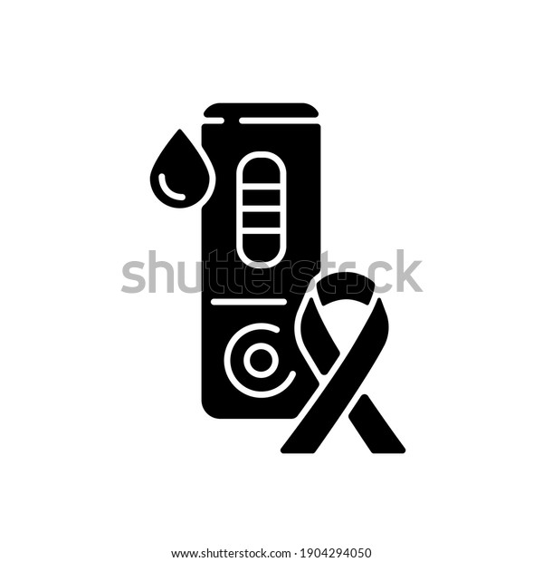 HIV test black glyph icon. Laboratory blood\
exam. Rapid test for AIDS. Medical sample check for disease. Health\
awareness campaign. Silhouette symbol on white space. Vector\
isolated illustration