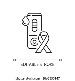 HIV test linear icon. Laboratory blood examination. Rapid test for AIDS. Medical check. Thin line customizable illustration. Contour symbol. Vector isolated outline drawing. Editable stroke