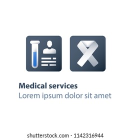 HIV test positive concept, human immunodeficiency virus, AIDS help and support, medical exam, ribbon symbol, diagnosis and therapy, health care, treatment program, vector flat icons