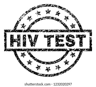 HIV TEST stamp seal watermark with distress style. Designed with rectangle, circles and stars. Black vector rubber print of HIV TEST text with retro texture.