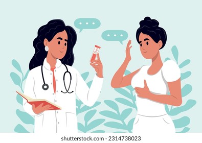 Día de pruebas de VIH. Una joven doctora sonriente sostiene un tubo con sangre. Examen de laboratorio para el VIH. Análisis para la prevención del SIDA. 27 de junio. Cartel anual del Día de la Salud.