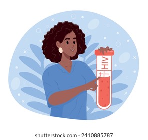 HIV testing day. A young smiling black female doctor holds a tube with blood. Analysis for the prevention of AIDS. Laboratory examination for HIV. June 27. Annual health day banner.