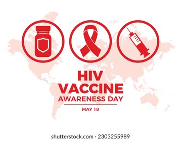 HIV Vaccine Awareness Day vector illustration. Hiv aids red medical symbols vector. Red aids awareness ribbon, vaccine vial, injection syringe icon set. May 18. Important day