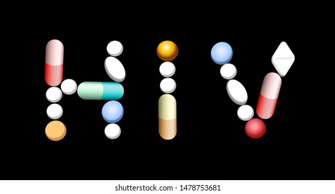 HIV written with tablets, pills and capsules. Isolated vector illustration on black background.
