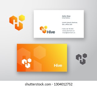 Hive Abstract Vector Logo and Business Card Template. Letter H Incorporated in the Hive Cells with Modern Typography. Premium Stationary Realistic Mock Up. Isolated.