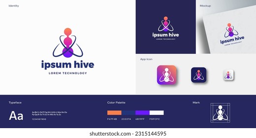 Modelo de logotipo de vectores abstracto de la tecnología Hive Bee y plantilla de tarjetas de visita. Bee Silhouette con Orbitas como Alas. Guía de identidad con diseño de fondo de simulación de tipografía e iconos de aplicación. Aislado