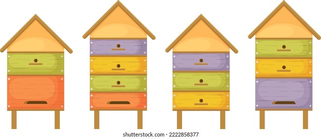 Hive. Colmenas. Cuatro colmenas de madera en forma de casas. Coloridas colmenas al estilo de las caricaturas. Casas para abejas. Ilustración del vector aislada en un fondo blanco