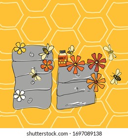 Bienen, die sich um handgemachte Beeboxes mit Blumen auf hellgelbem Wabenhintergrund bräunen, Vektorillustration-Illustration