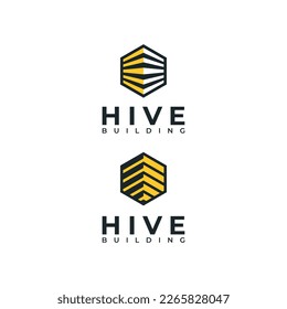 Hive y edificio, diseño de logotipos y vector de emblema de la colmena, hexágono