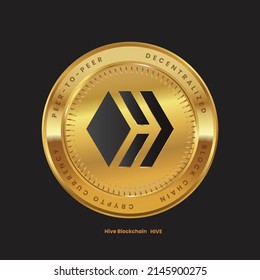 HIVE Cryptocurrency new logo in black color concept on gold coin. Hive Coin Block chain technology symbol. Vector illustration for banner, background, web, print, article.