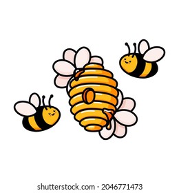 Hive with cute bees and flowers. Yellow beehive doodle vector illustration. Home of the wasp, bee and insect with flowers. Honey production, beekeeping. Flat cartoon illustration isolated on white