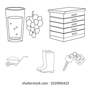 Hive, grapes, boots, wheelbarrow.Farm set collection icons in outline style vector symbol stock illustration web.