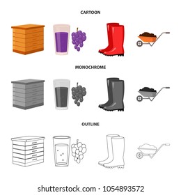 Hive, grapes, boots, wheelbarrow.Farm set collection icons in cartoon,outline,monochrome style vector symbol stock illustration web.