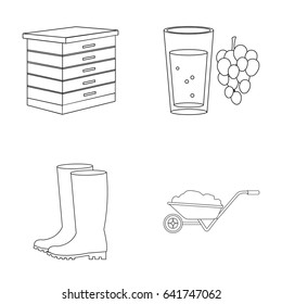 Hive, grapes, boots, wheelbarrow.Farm set collection icons in outline style vector symbol stock illustration web.