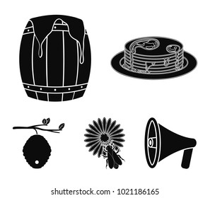 A hive on a branch, a bee on a flower, a barrel of honey, a honey cake.Apiary set collection icons in flat style vector symbol stock illustration web.