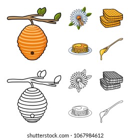 A hive on a branch, a bee on a flower, a honeycomb with honey, a honey cake.Apiary set collection icons in cartoon,outline style vector symbol stock illustration web.
