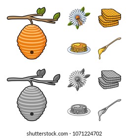 A hive on a branch, a bee on a flower, a honeycomb with honey, a honey cake.Apiary set collection icons in cartoon,monochrome style vector symbol stock illustration web.